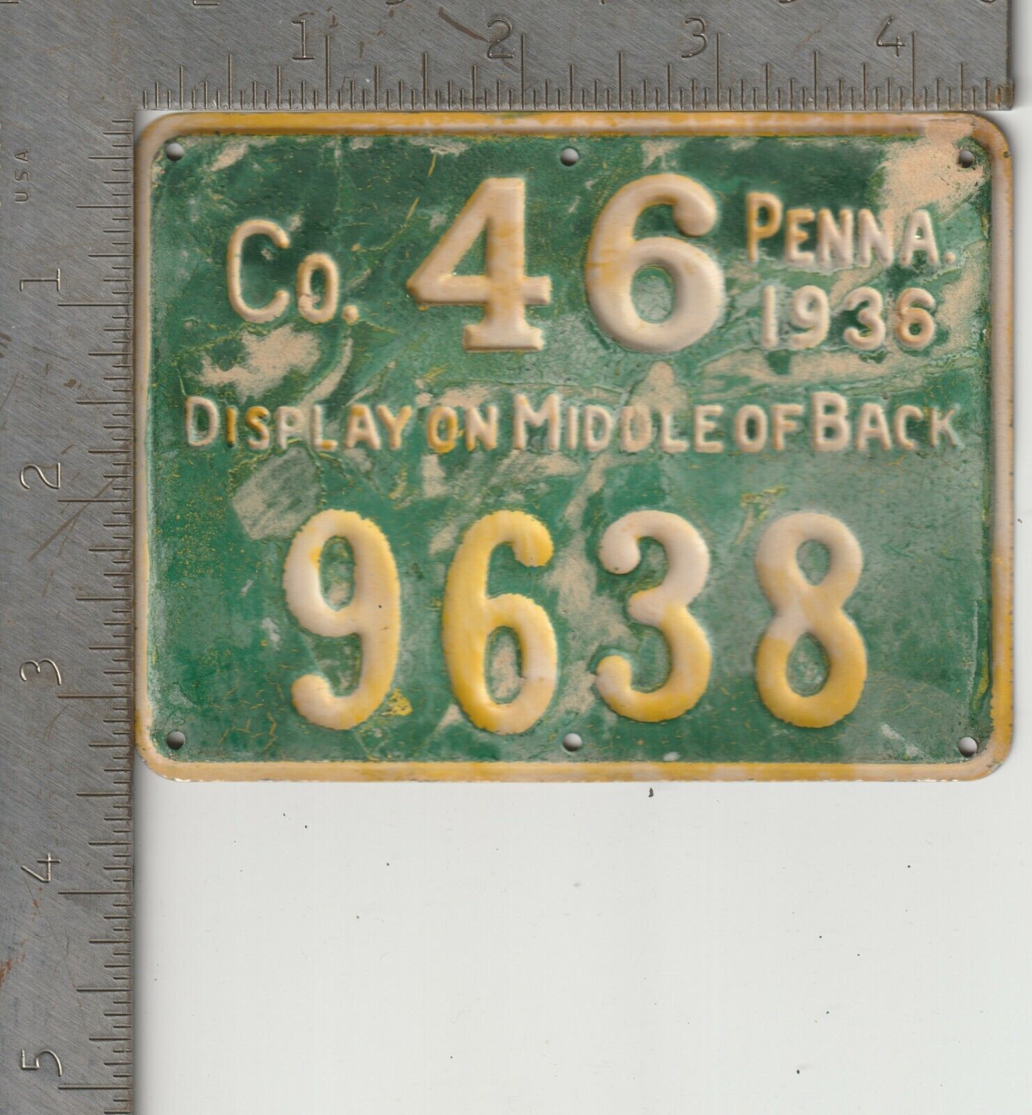 1936 Pennsylvania Co 46 #9638 Green & Yellow Metal Tin Hunting License Display