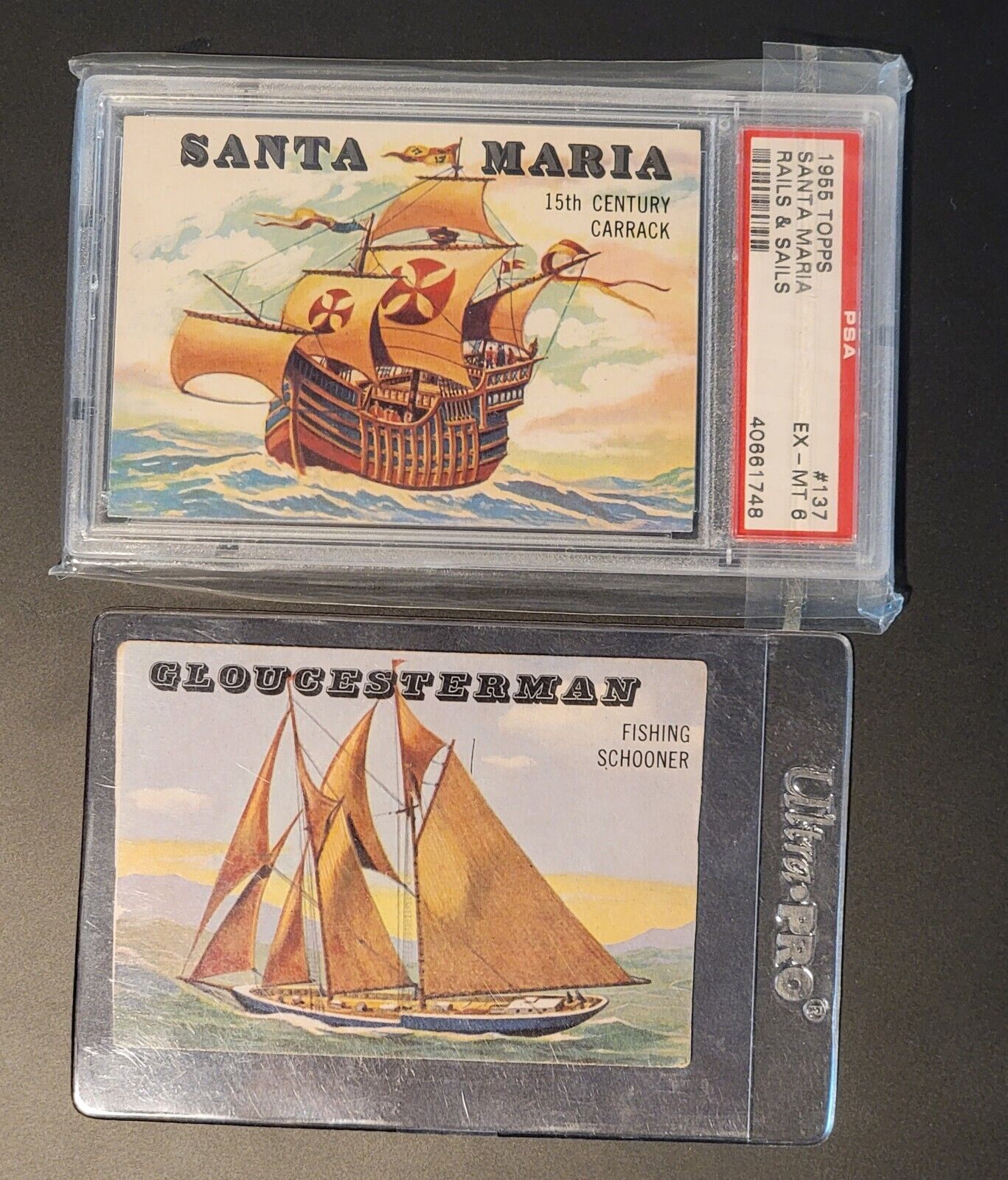 2-1955 Topps Rails & Sails, Santa Maria #137 PSA 6 + Gloucesterman EX