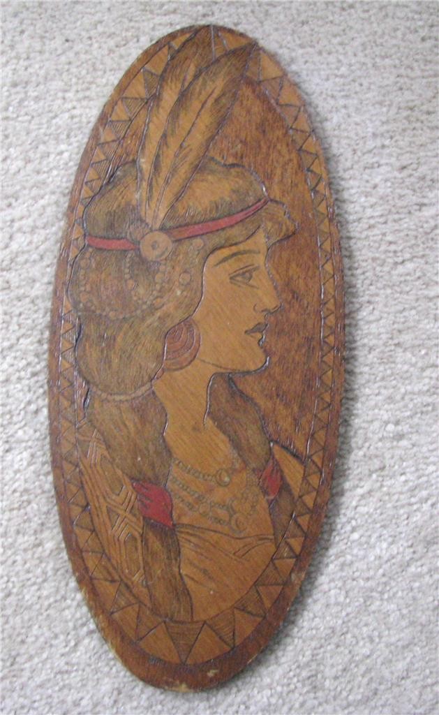 Antique Flemish Art Nouveau Pyrography Indian Maiden Gibson Girl Wall Hanging