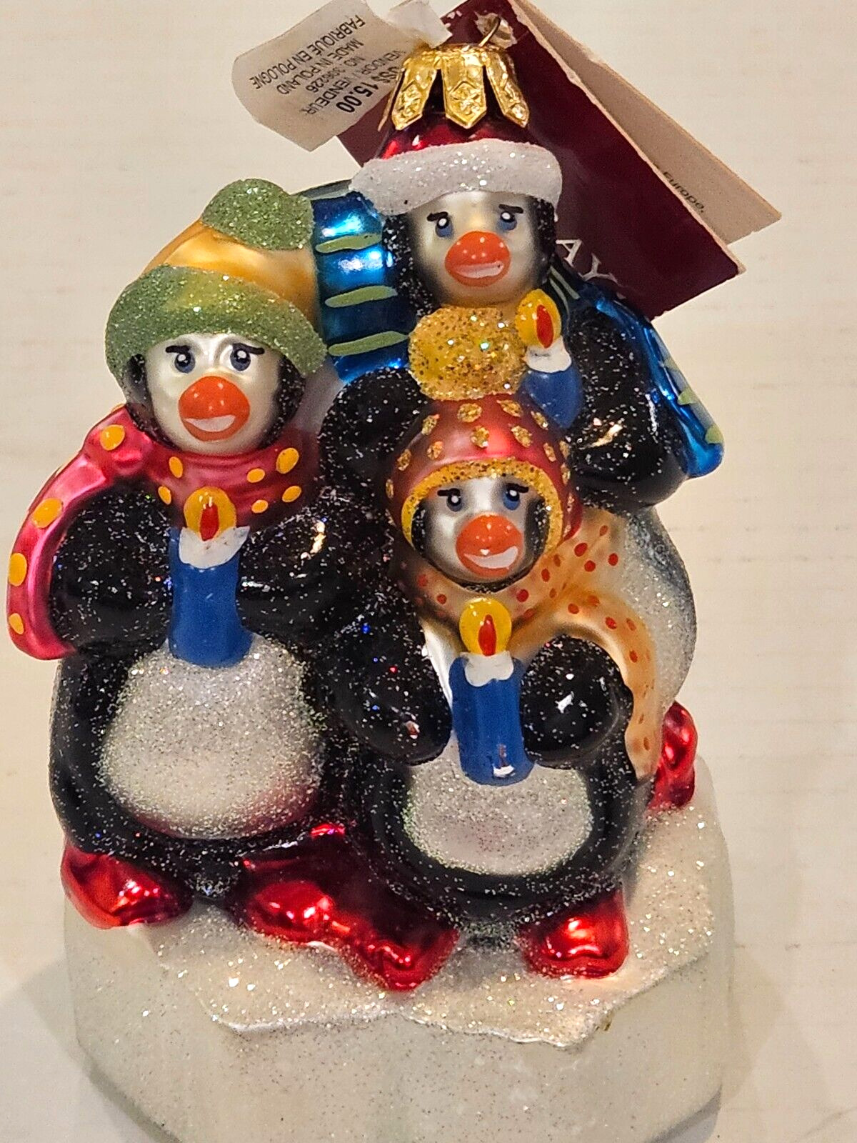 Vintage NWT Bombay Penguin Family Multicolored Glass Christmas Ornament