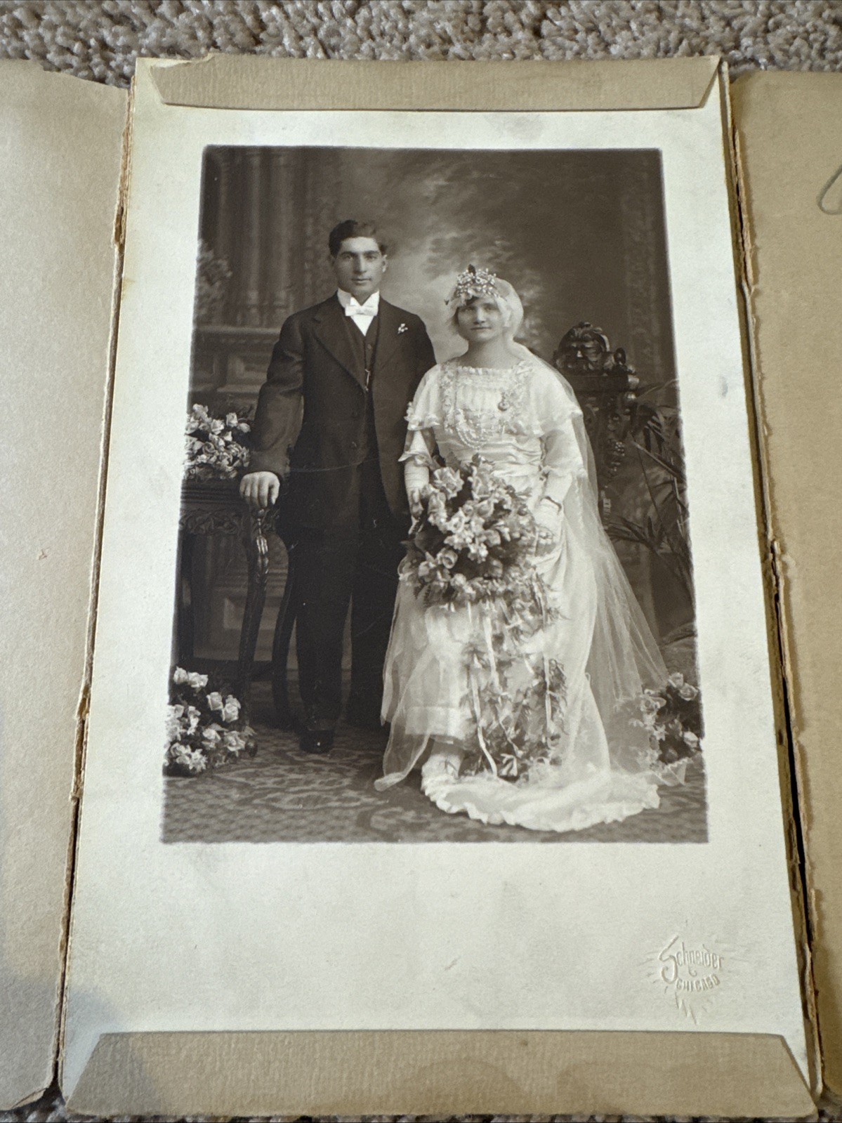 Antique Chicago 5x8 Wedding Photo Groom Bride Dominick Sansone / Schnider Studio