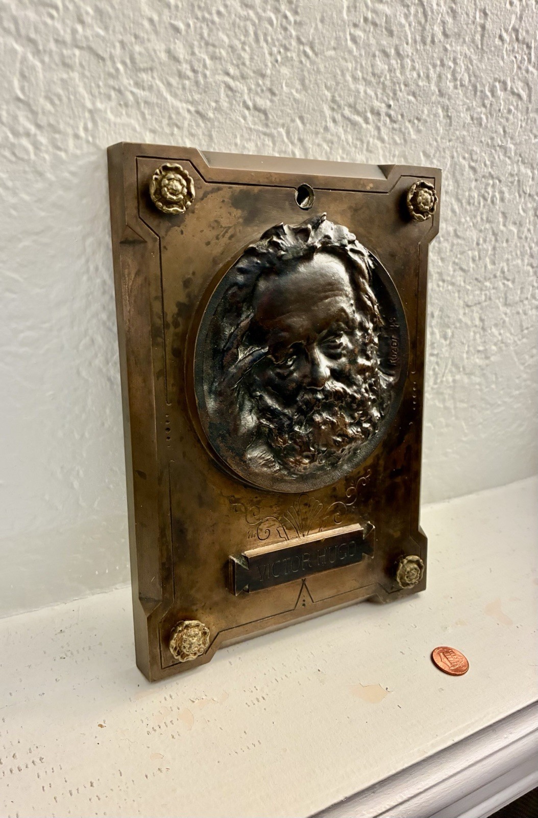 Antique 1885 French Bronze Plaque Victor Hugo Relief Sculpture René Rozet Signed Antique 1885 French Bronze Plaque Victor Hugo Relief Sculpture René Rozet Signed