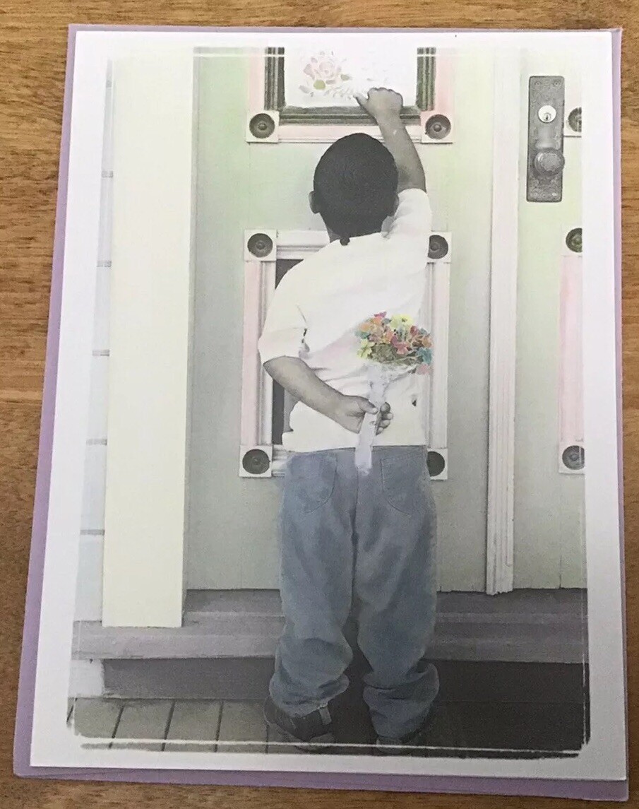 VTG LEANIN’ TREE Notecard, Boy With Bouquet At Front Door, Hand-Tinted Photo VTG LEANIN’ TREE Notecard, Boy With Bouquet At Front Door, Hand-Tinted Photo
