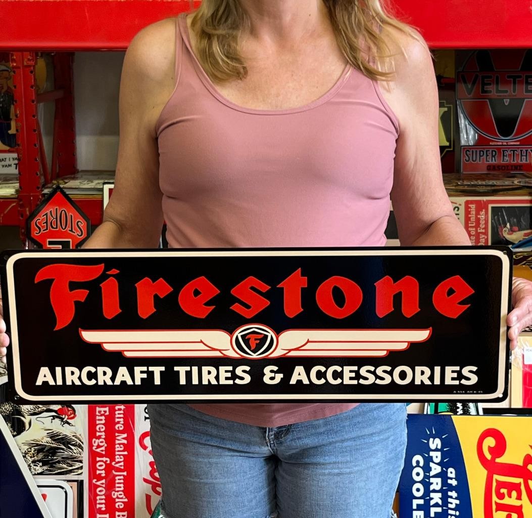 Antique Vintage Style Sign Firestone Aircraft Tires NOT Porcelain Made USA 25x8