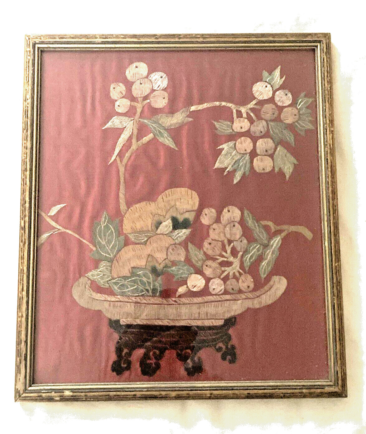 Vtg Japanese Still Life - Hand Embroidered On Red Silk - 11 Vtg Japanese Still Life - Hand Embroidered On Red Silk - 11