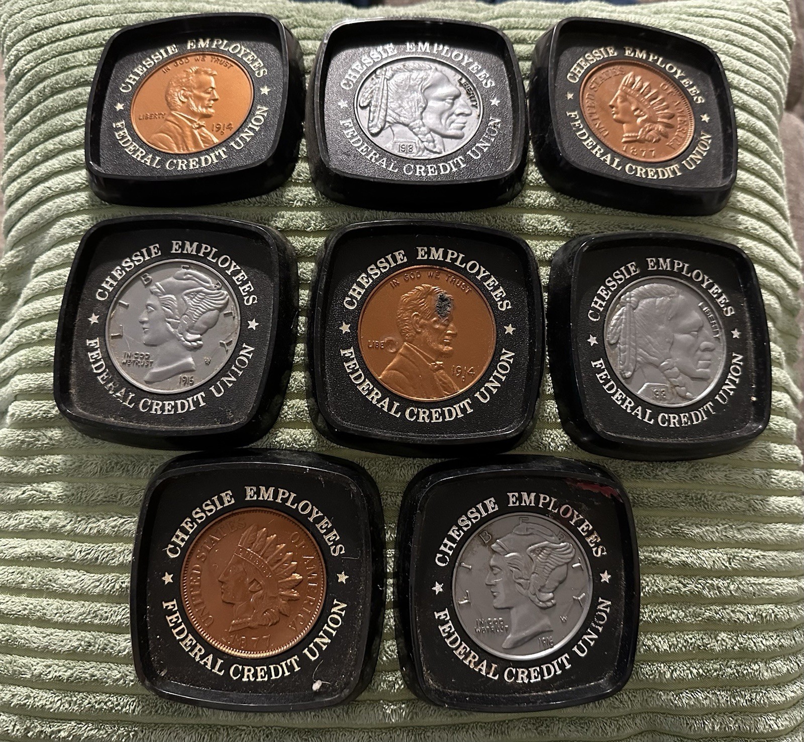 Vintage Set Of 8 Plastic Chessie Advertising Coasters Faux U.S. Coin Designs Vintage Set Of 8 Plastic Chessie Advertising Coasters Faux U.S. Coin Designs