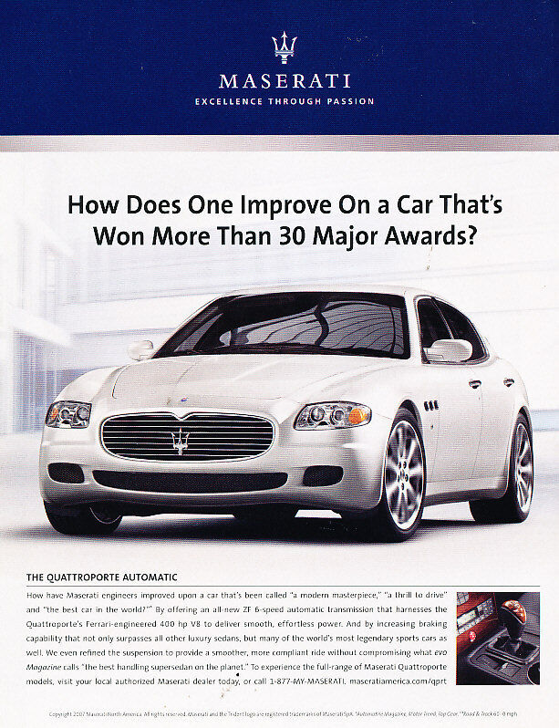 2007 Maserati Quattroporte Auto - 30 awards -  Classic Advertisement Ad A47-B