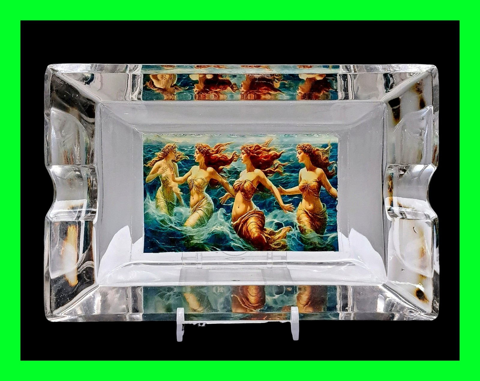 Stunning Unique VIntage Nude Sea Nymphs Scene Large Glass Heavy Cigar Ashtray 