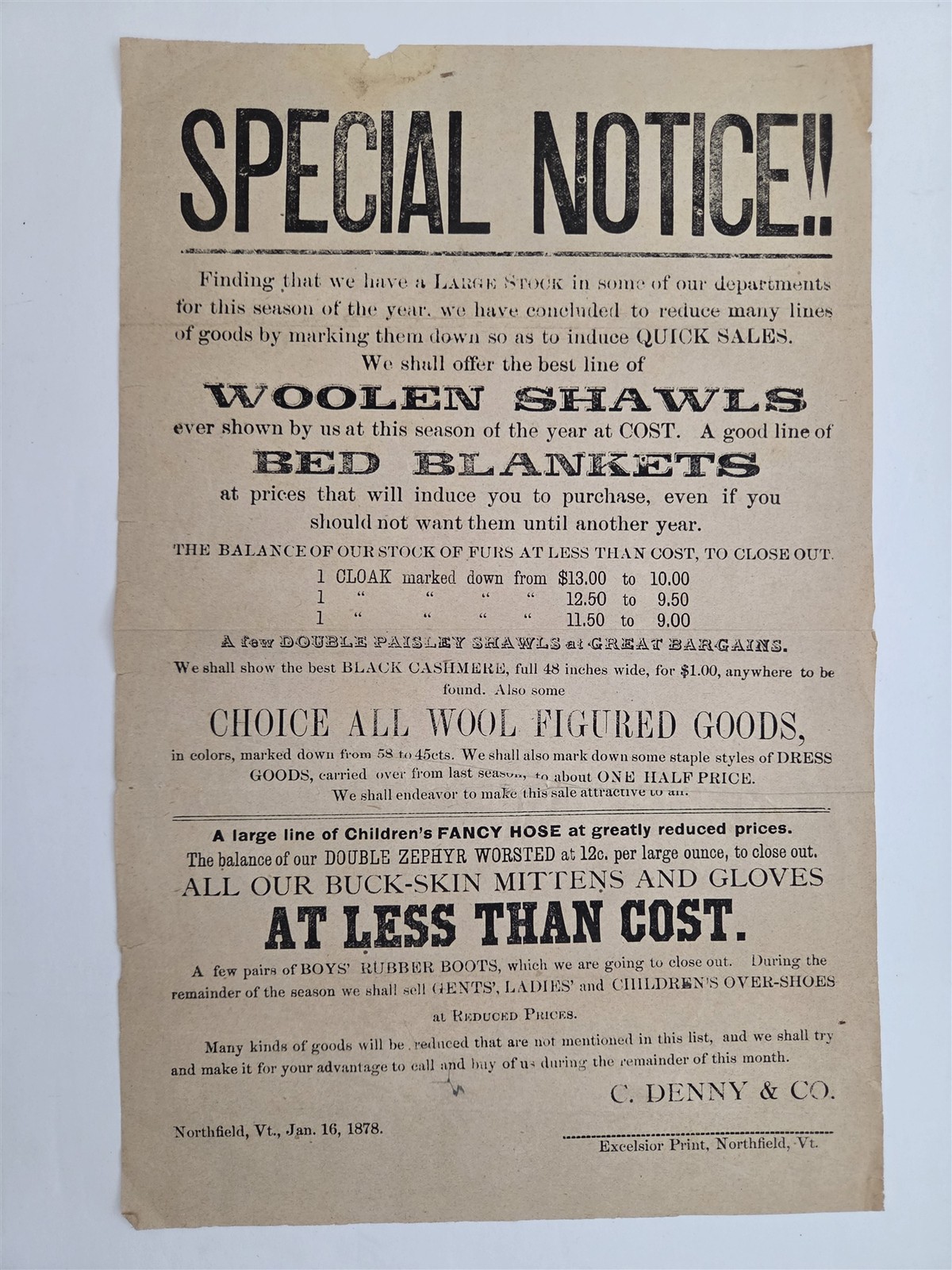1878 antique SPECIAL NOTICE northfield vt C DENNY & CO WOOLEN SHAWLS DRY GOODS