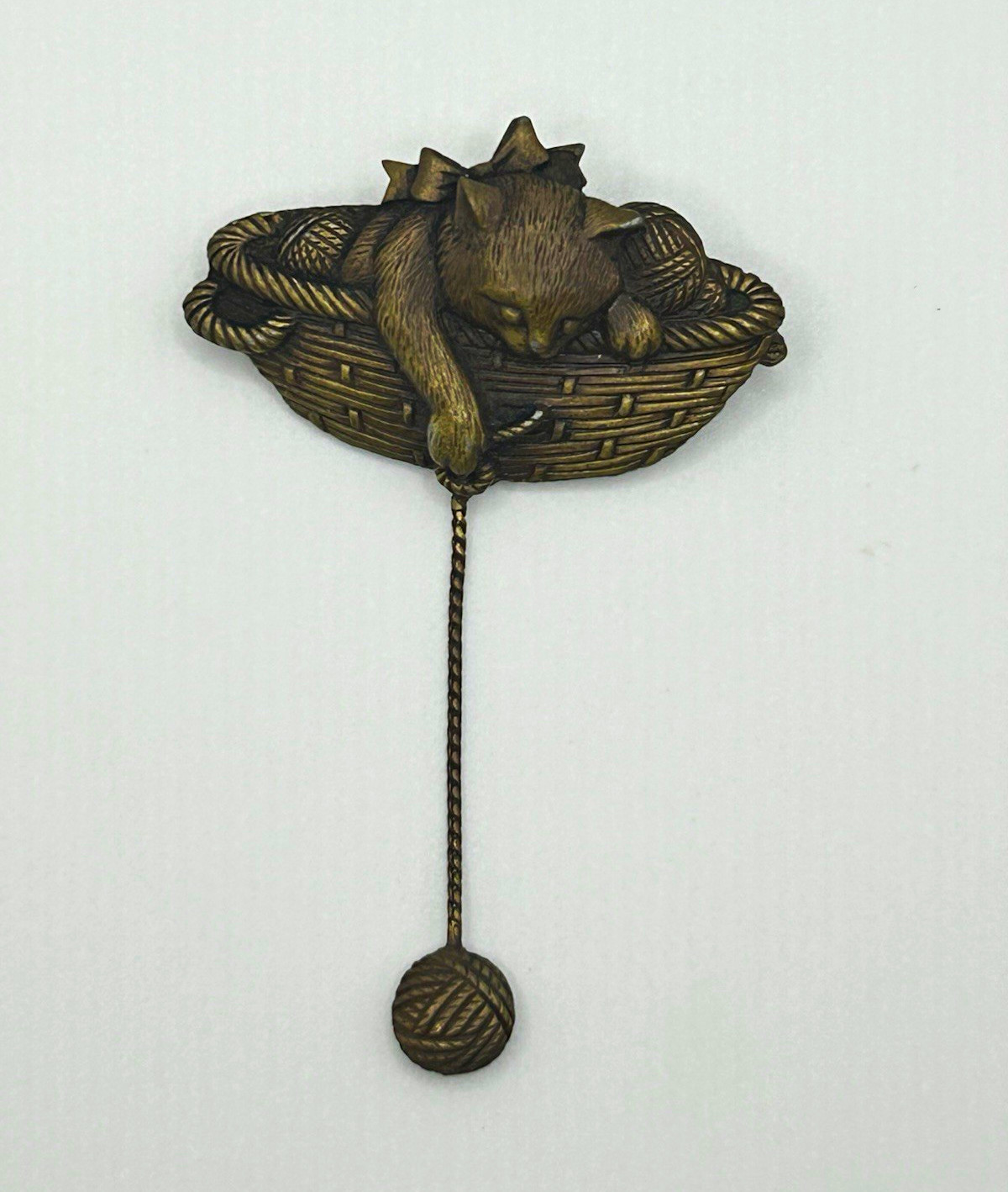Vintage JJ Jonette Cat Kitten in Yarn Basket Brooch Dangling Ball Signed Pin