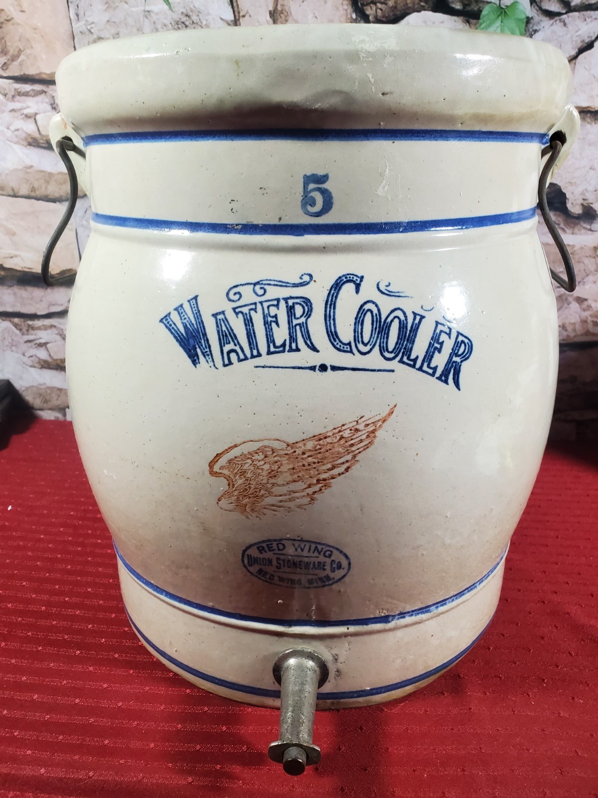 RedWing Ceramic Water Cooler Crock 5 Gal Spigot Works Beige/Blue NO Lid RedWing Ceramic Water Cooler Crock 5 Gal Spigot Works Beige/Blue NO Lid
