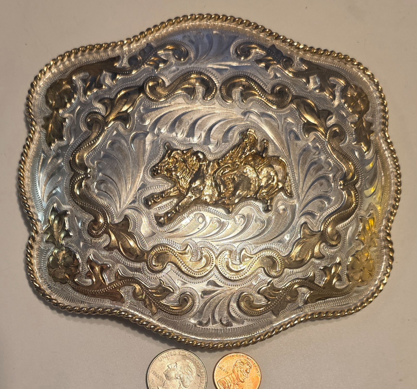 Vintage Oversized Mexican Alpaca Belt Buckle Running Horse Silver Gold Western C