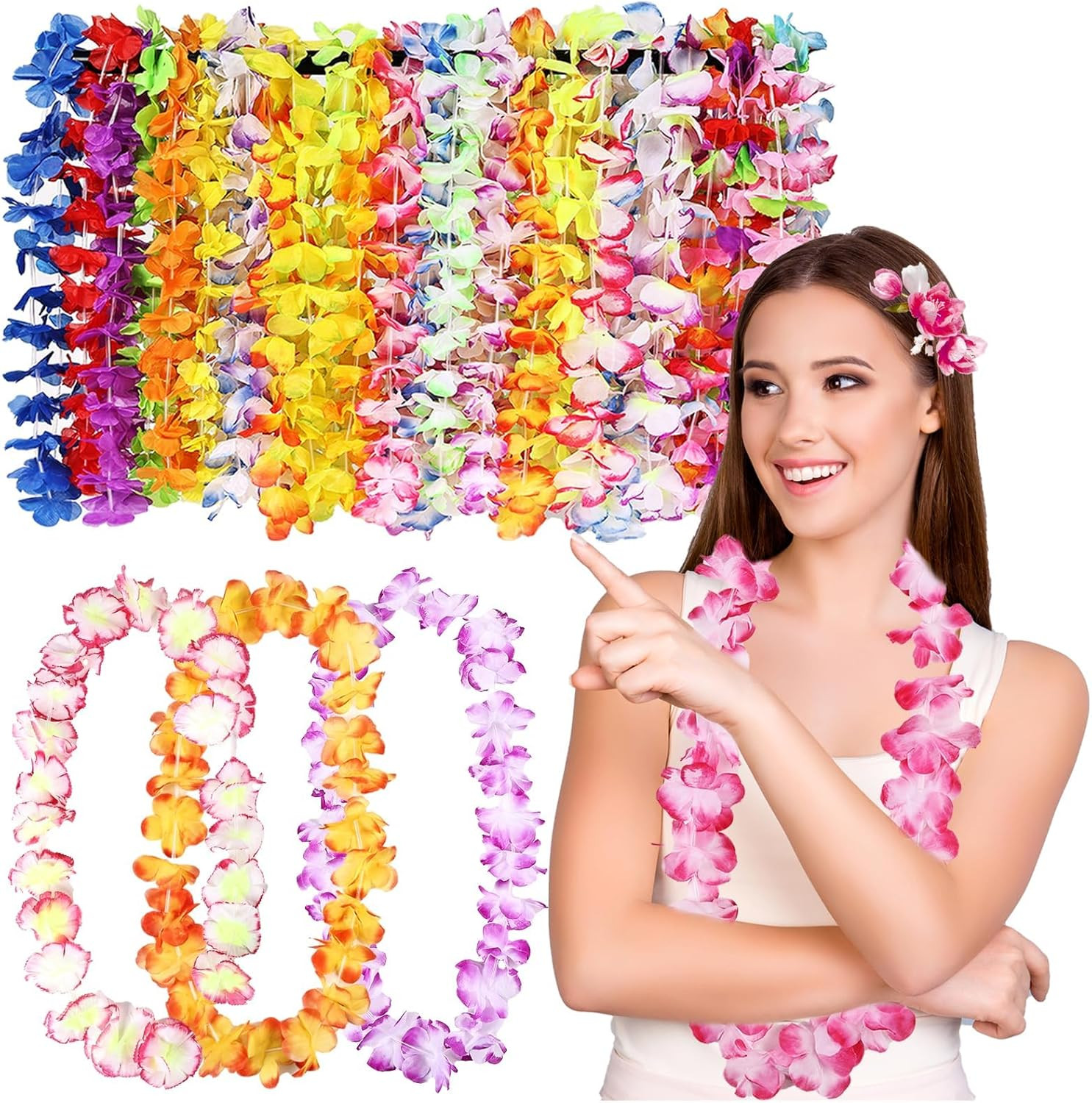 25Pcs Hawaiian Leis Bulk,Colorful Lei Tropical Flower Necklace Hawaii Hula Dance