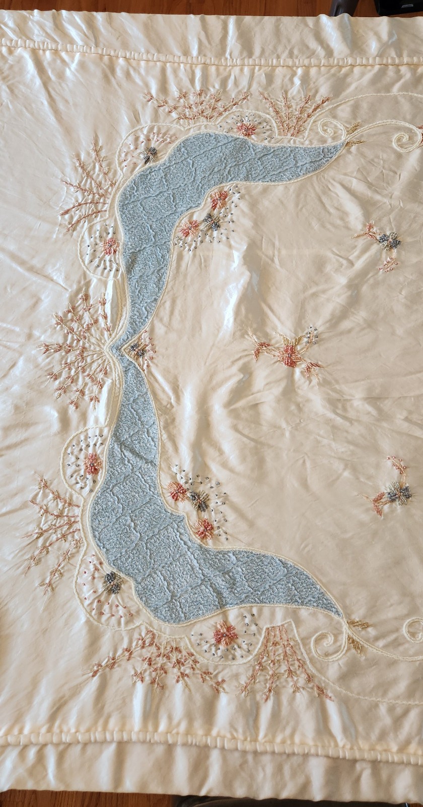 Stunning 1930's Satin Twin Hand Embroidered Bedspread In Cream Stunning 1930's Satin Twin Hand Embroidered Bedspread In Cream