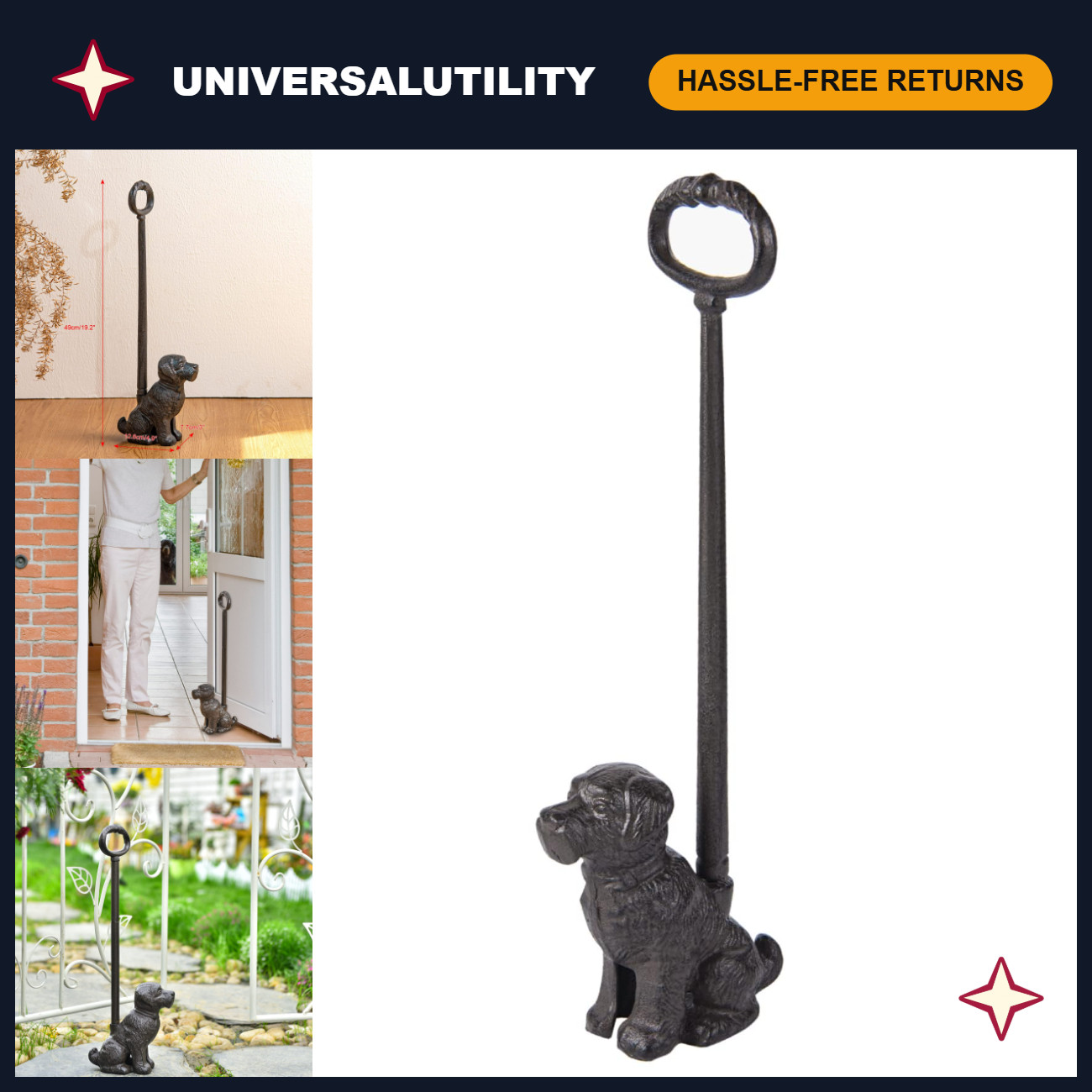Vintage Cast Iron Dog Door Stop with Handle - 19.4\ Vintage Cast Iron Dog Door Stop with Handle - 19.4\