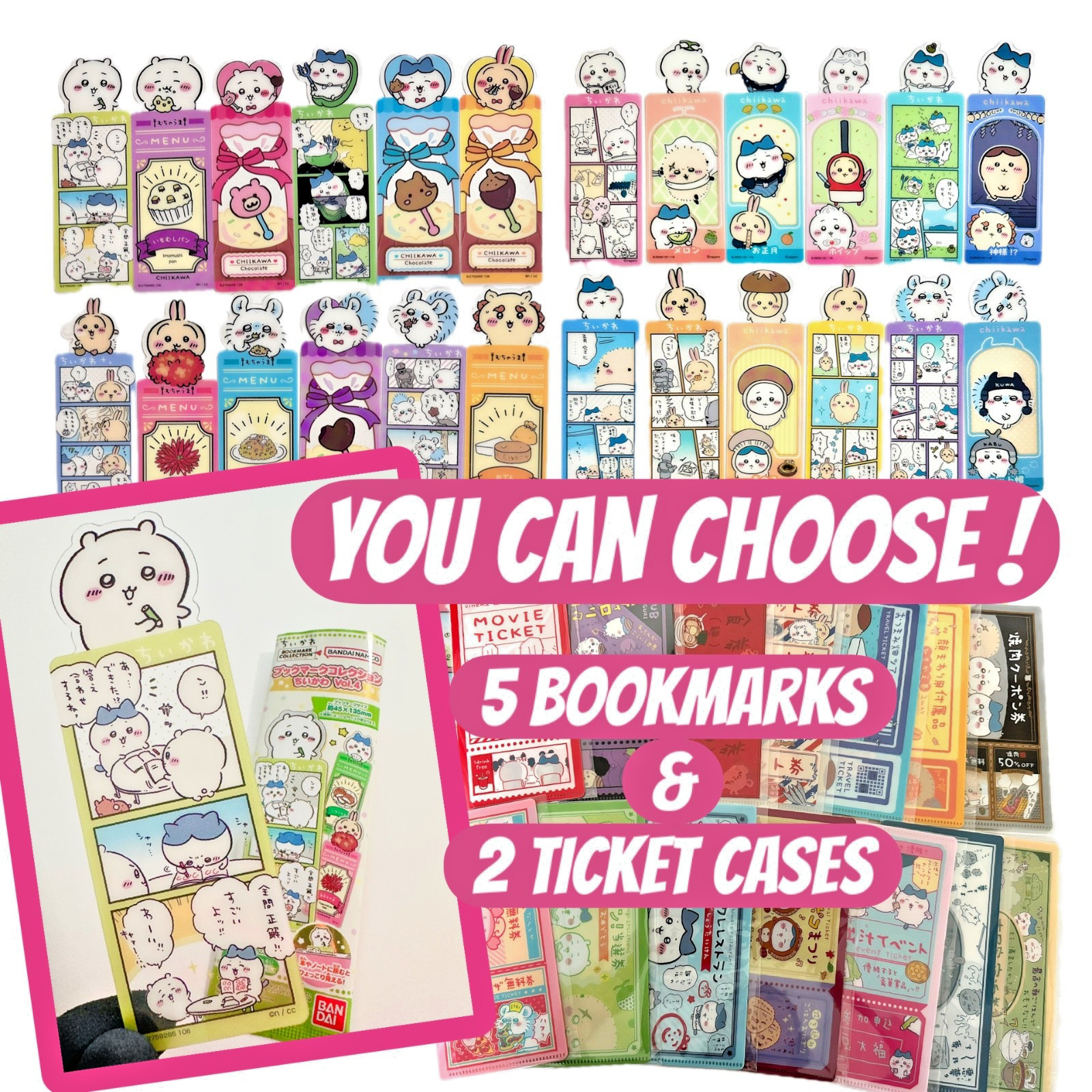 Chiikawa YOU CHOOSE 5 Bookmarks & 2 Ticket Cases Collection Bandai Japan Set