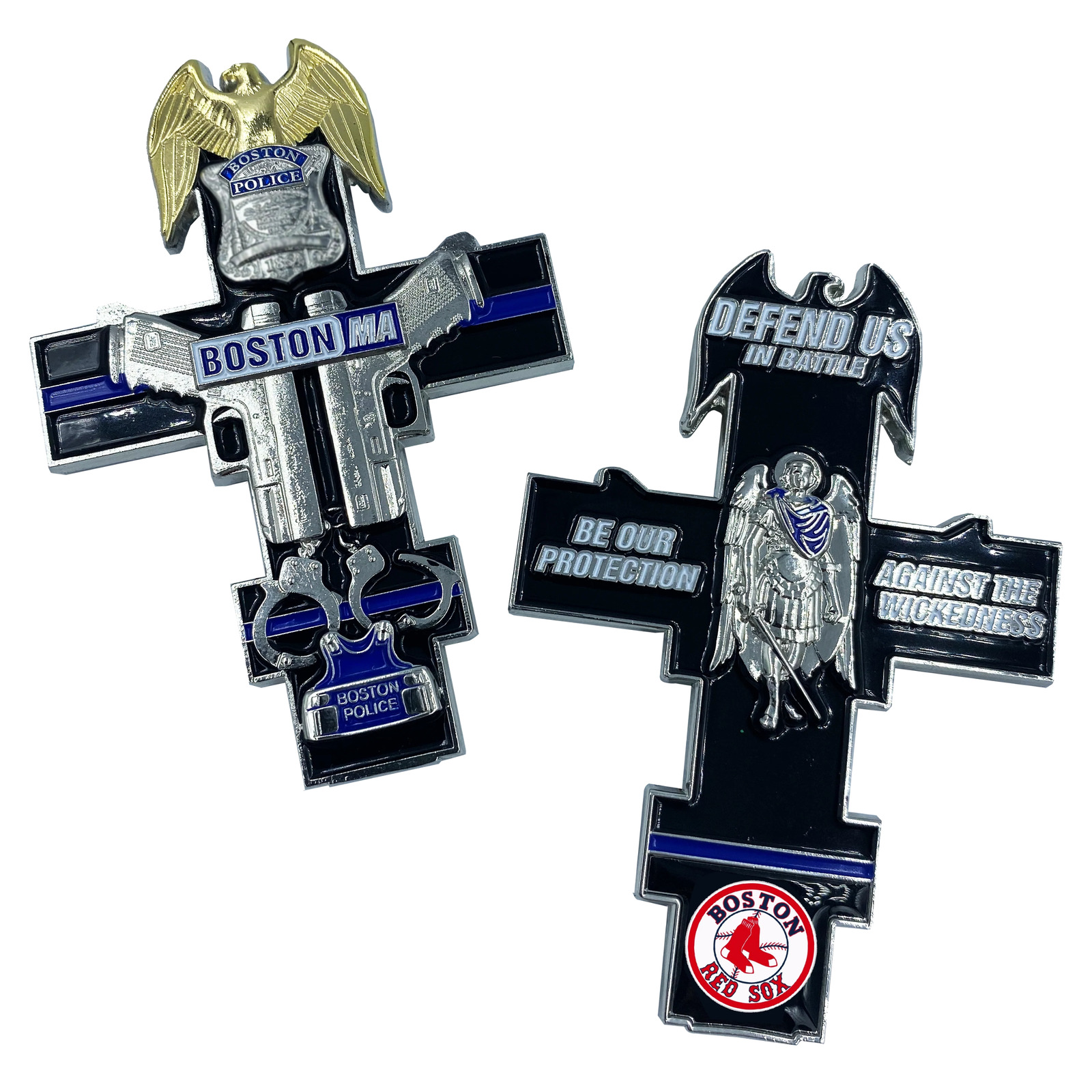 FF-003 Red Sox inspired Boston Police Thin Blue Line St. Michael Cross Challenge
