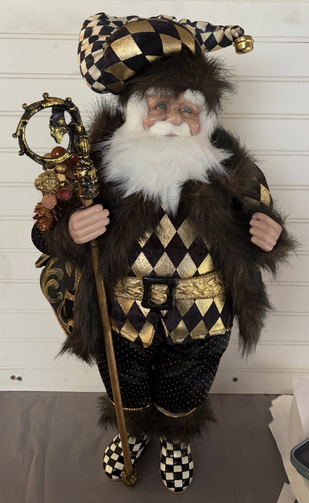 Rare MacKenzie-Childs Courtly Check Fur trimmed Coat Santa Claus Figurine 23 Rare MacKenzie-Childs Courtly Check Fur trimmed Coat Santa Claus Figurine 23