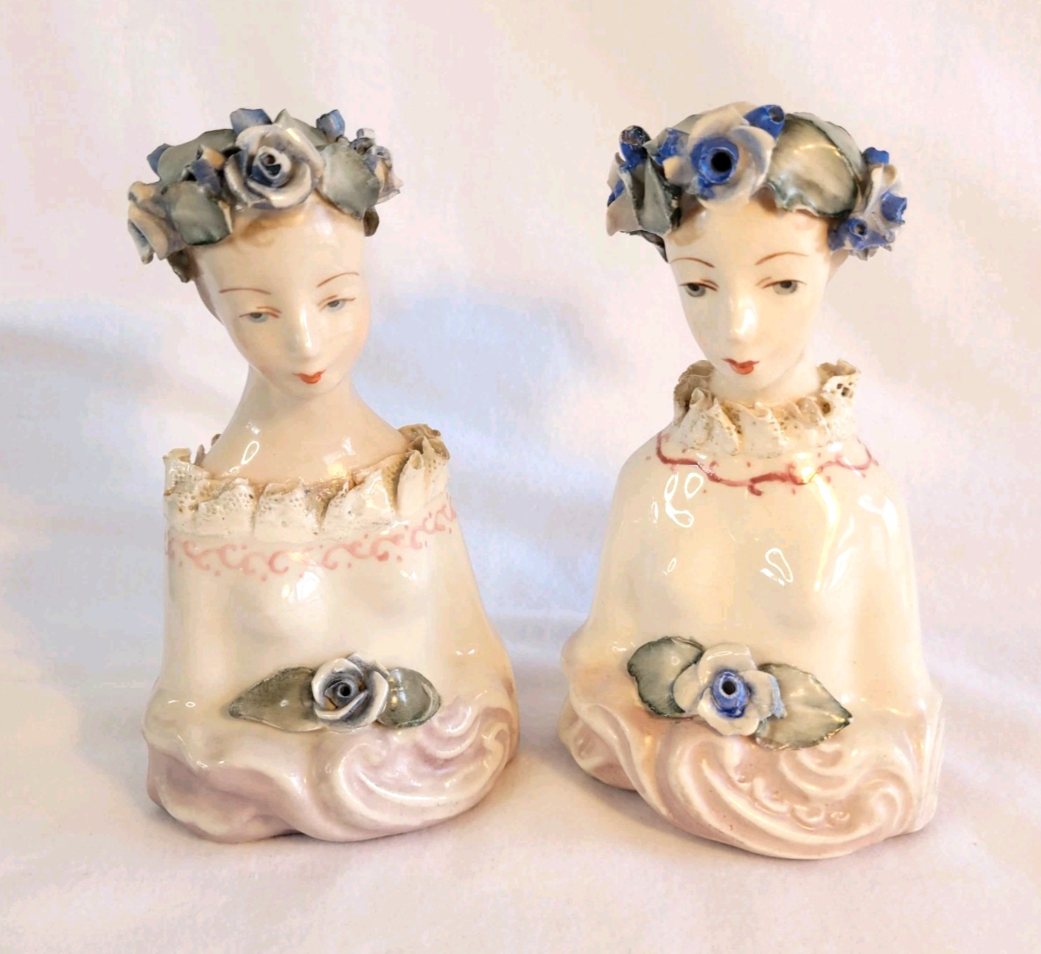 2 Vtg Cordey Cybis Porcelain Lady Bust Figurines Blue Floral Headress #5005 2 Vtg Cordey Cybis Porcelain Lady Bust Figurines Blue Floral Headress #5005