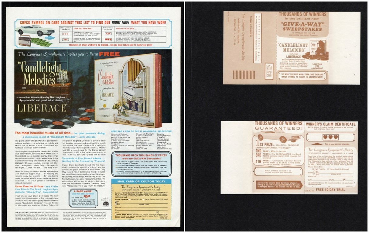 1968 Longines Symphonette Society Candlelight Melodies Liberace Coupon Print Ad