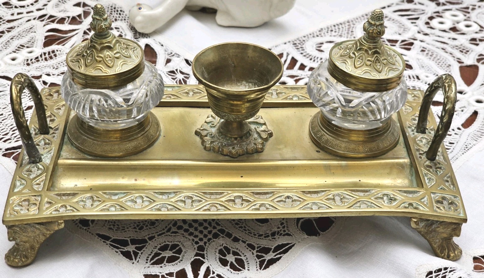 ANTQ. Double Inkwell Figural Face Of Louis XV Victorian 19Th Century- Brass ANTQ. Double Inkwell Figural Face Of Louis XV Victorian 19Th Century- Brass