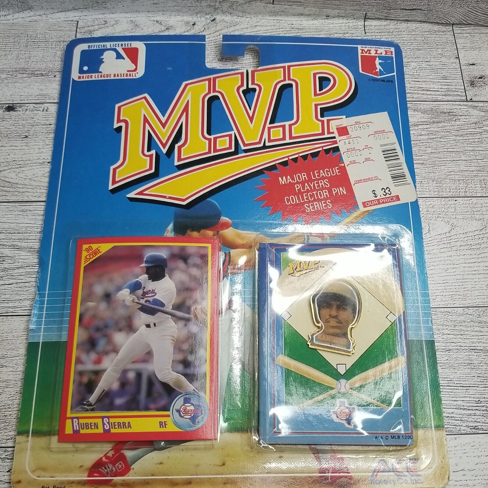 1990 Ruben Sierra - Rangers MVP Collector Pin & MLB Score Card - Ace Novelty VTG