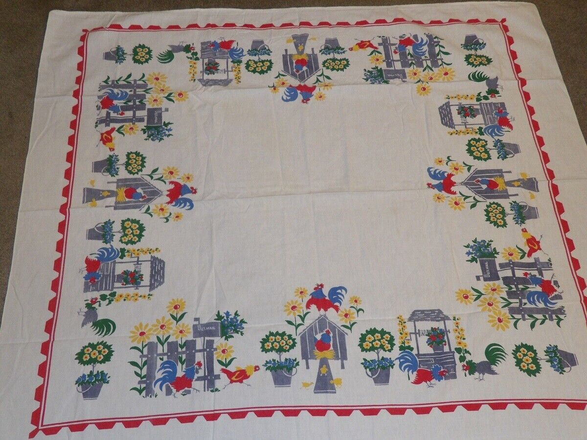 Vintage 1940s Rare HTF Startex Starmont Rooster US Mailbox Sunflowers Tablecloth