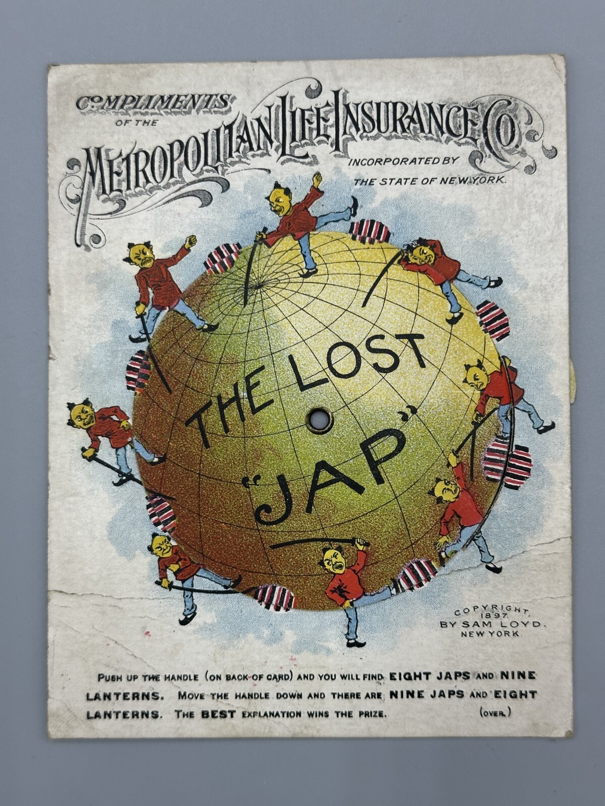 1897 Met Life INSURANCE Lost Japanese GLOBE MECHANICAL Advertising TRADE CARD 1897 Met Life INSURANCE Lost Japanese GLOBE MECHANICAL Advertising TRADE CARD