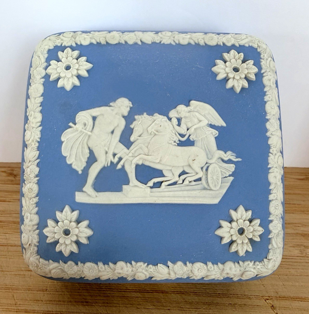 Vintage Wedgwood Blue Jasperware Square Trinket Box Ulysses Chariot 1967 Vintage Wedgwood Blue Jasperware Square Trinket Box Ulysses Chariot 1967