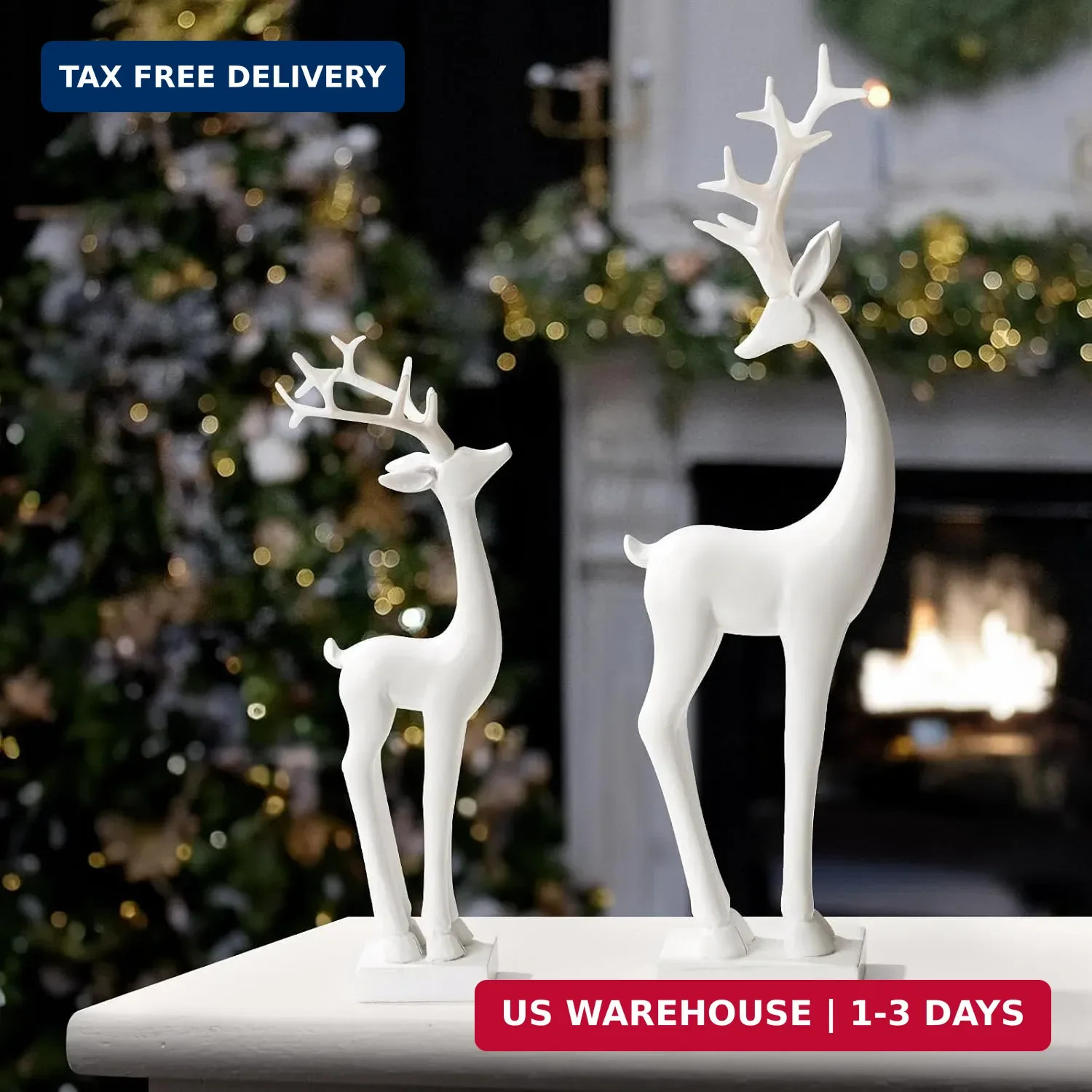 Resin Christmas Reindeer Figurines: 2pcs White Christmas Deer Statues, Elegant A Resin Christmas Reindeer Figurines: 2pcs White Christmas Deer Statues, Elegant A