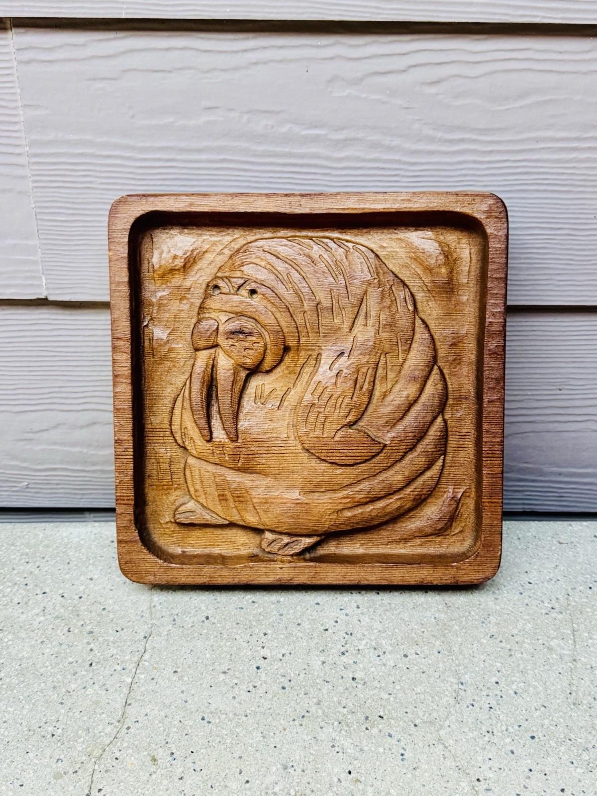 1971 Evelyn Ackerman Walrus Woodblock Carved Wood Art Panel Mid Century Vintage