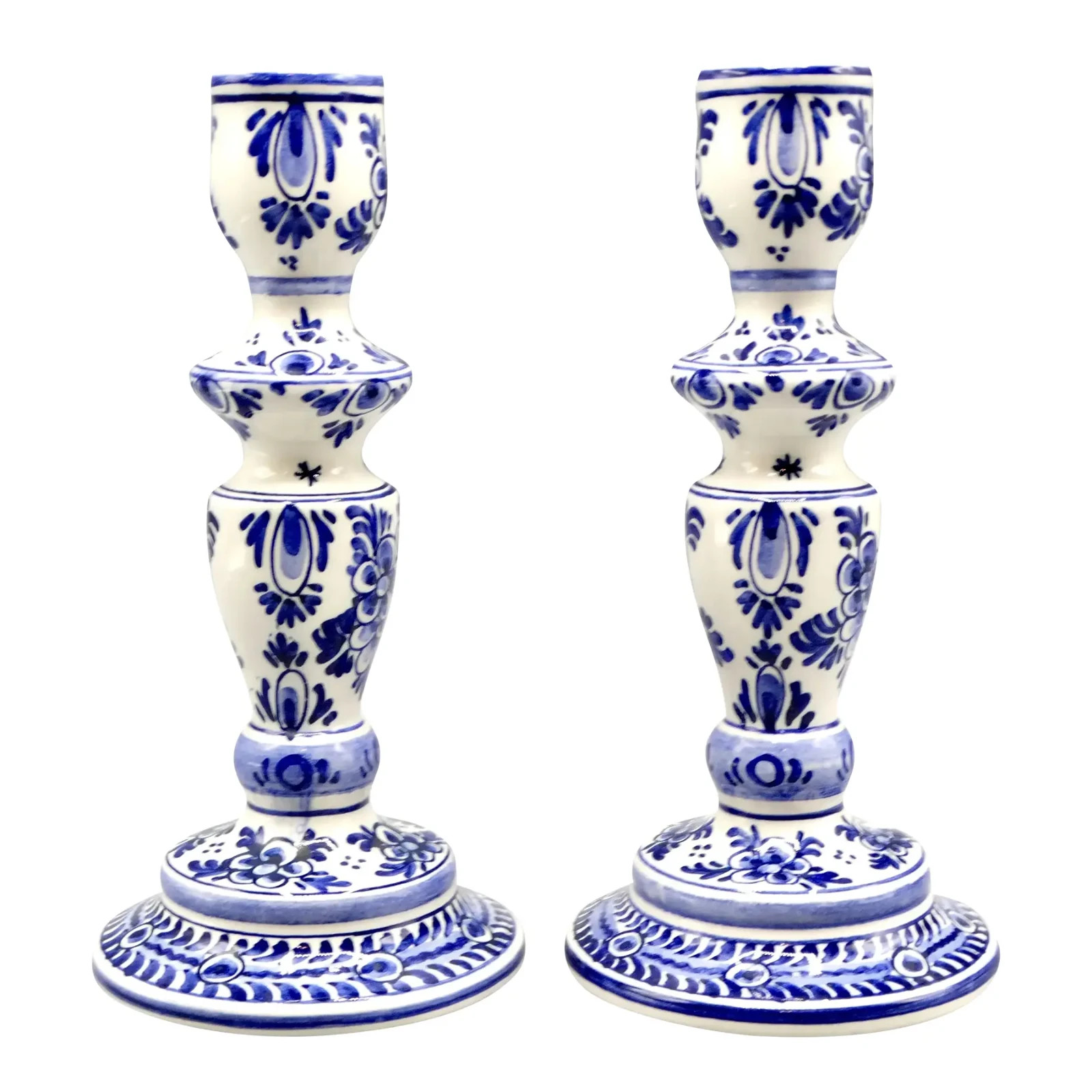 Vintage Blue & White Dutch Delft Faience Candle Holders Maker's Mark, Pair Vintage Blue & White Dutch Delft Faience Candle Holders Maker's Mark, Pair