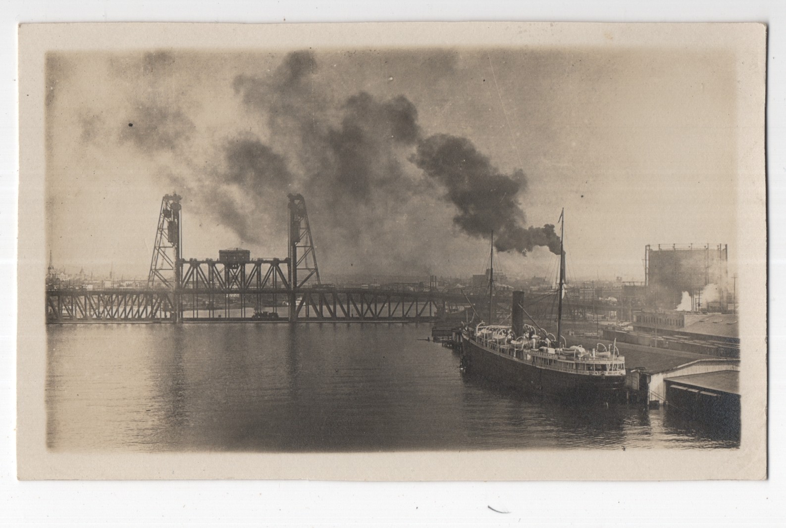 Freighter Docks Steel Bridge Portland OR Willamette River 1908 RPPC Postcard