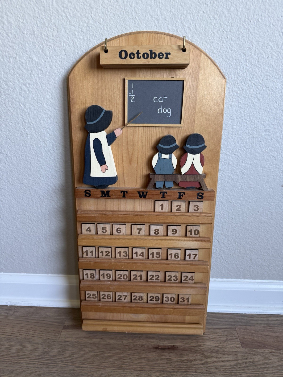 Vintage Large Wooden Wall Hanging Perpetual Calendar Country School Farmhouse