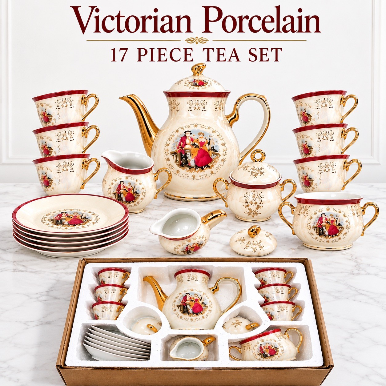 VTG Victorian Style Fine Porcelain Tea Set 17 Piece Set With Gold Trim Handles VTG Victorian Style Fine Porcelain Tea Set 17 Piece Set With Gold Trim Handles