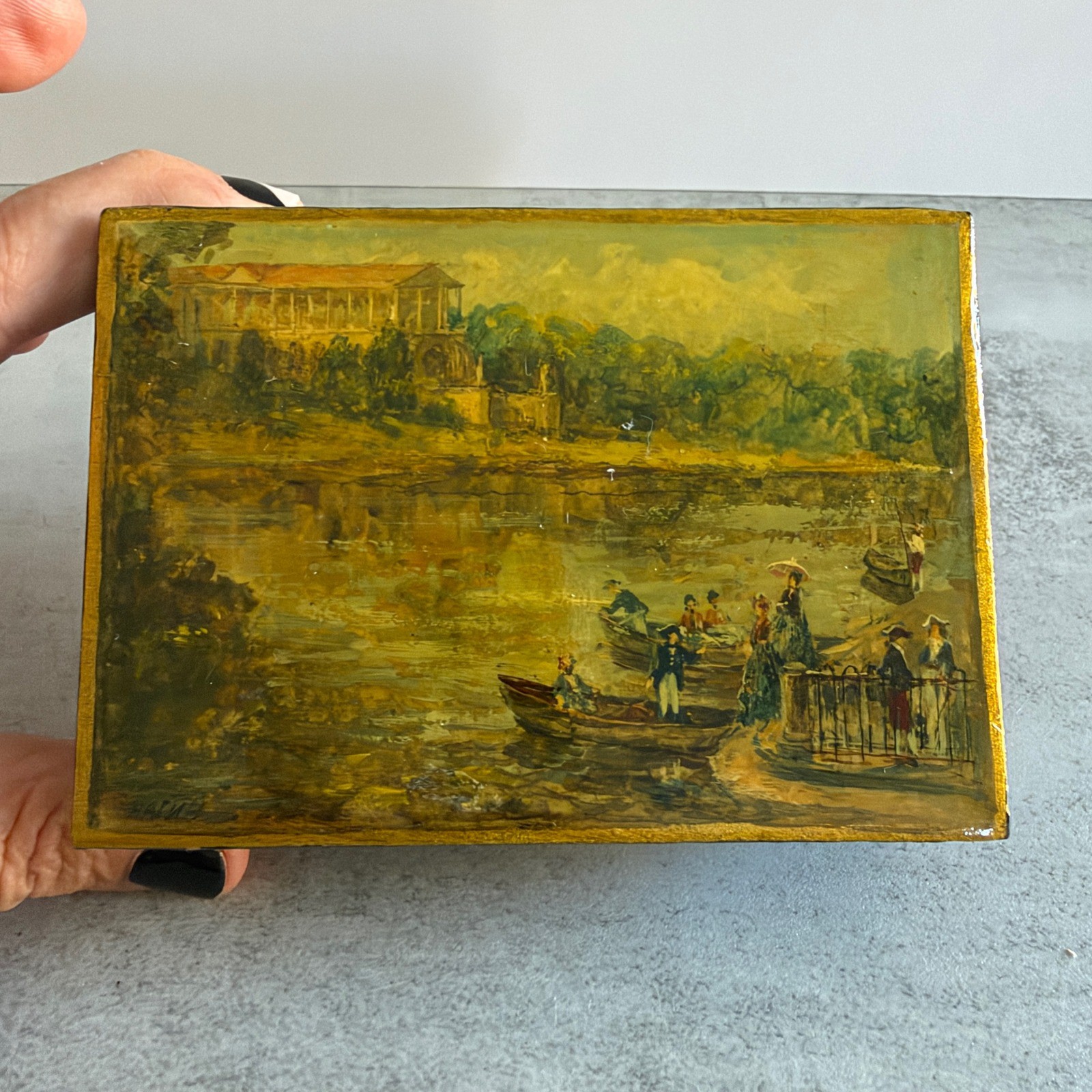 Vintage Russian Lacquer Box Hand Painted Landscape Scene Red Interior Trinket Vintage Russian Lacquer Box Hand Painted Landscape Scene Red Interior Trinket