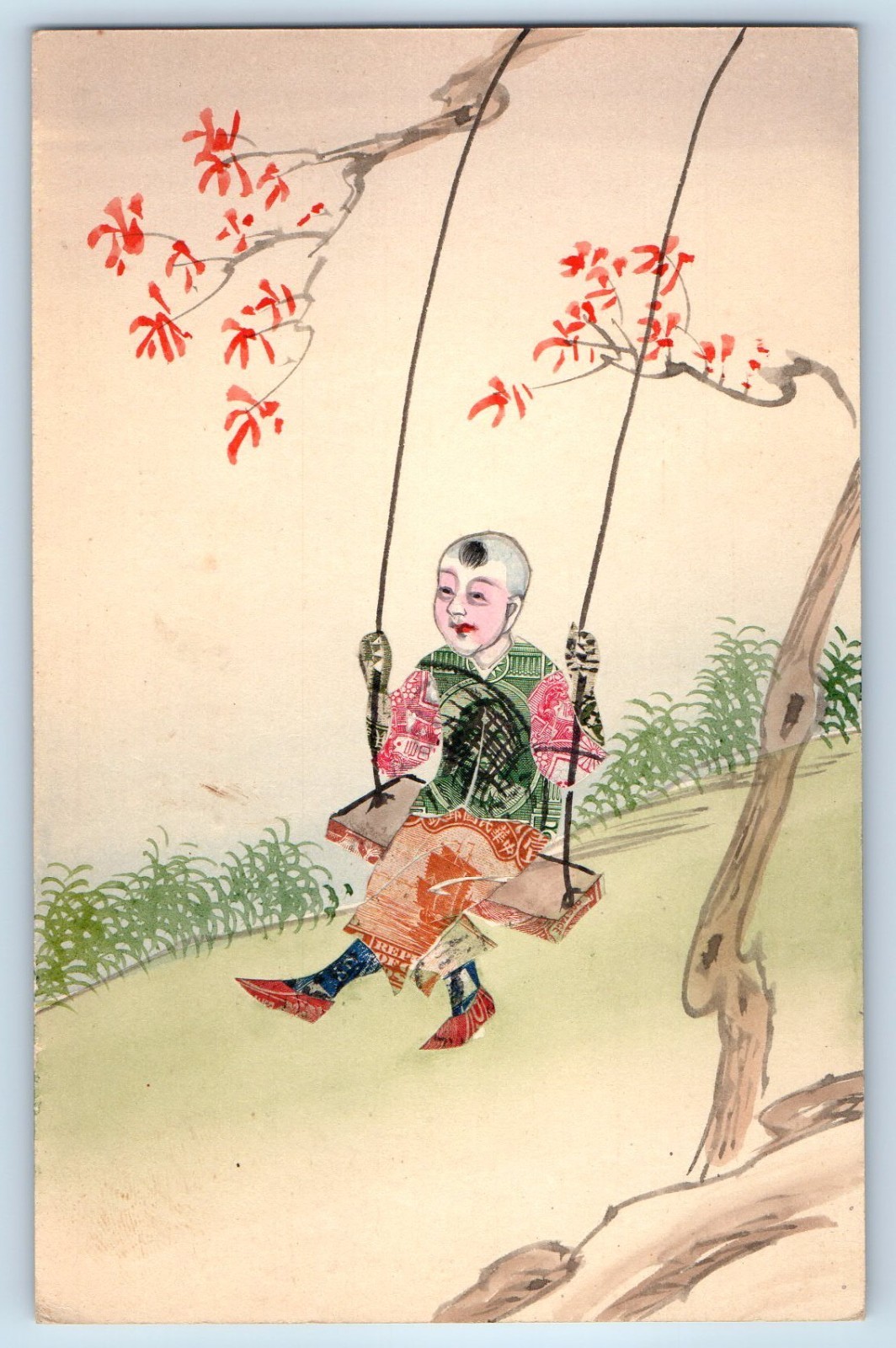 c1910\'s China Stamp Art Decoupage Chinese On Swing Unposted Antique Postcard c1910\'s China Stamp Art Decoupage Chinese On Swing Unposted Antique Postcard