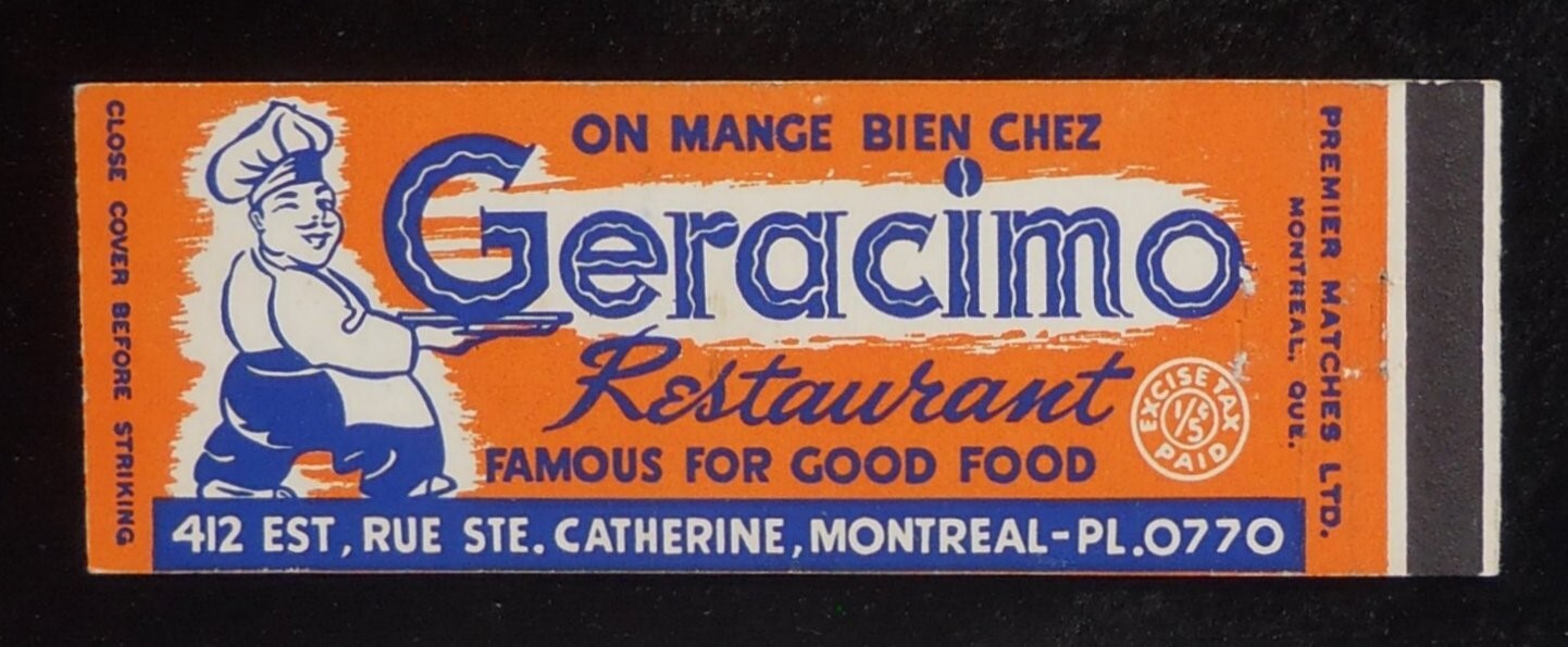 1940s FULL LENGTH TAX STAMP Geracimo Restaurant Rue Ste. Catherine Montreal QC C 1940s FULL LENGTH TAX STAMP Geracimo Restaurant Rue Ste. Catherine Montreal QC C