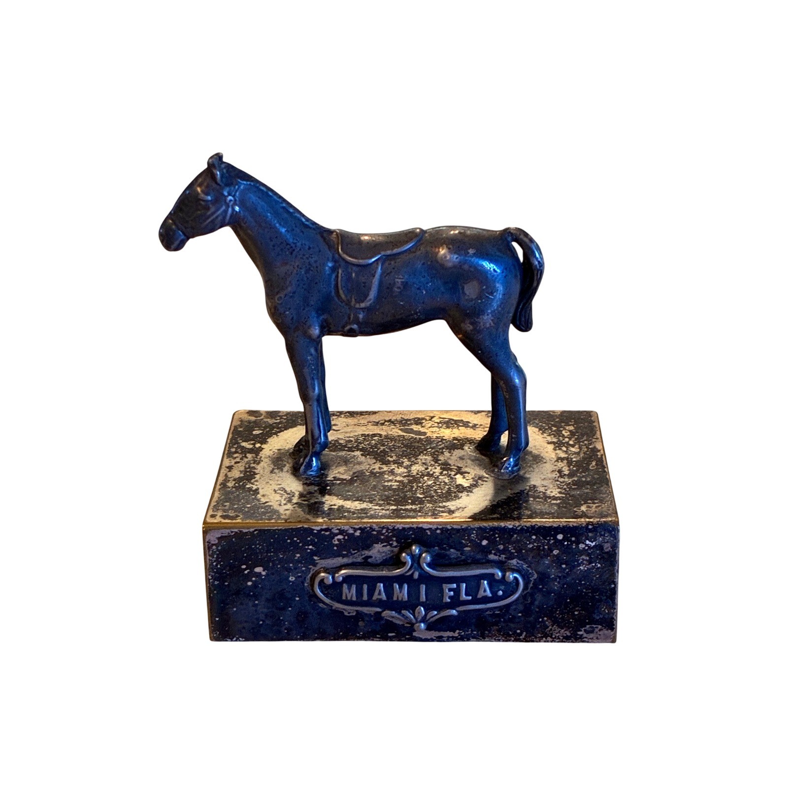 Vintage Miami Fla Metal Horse Paperweight Matchbox Holder Souvenir Equestrian
