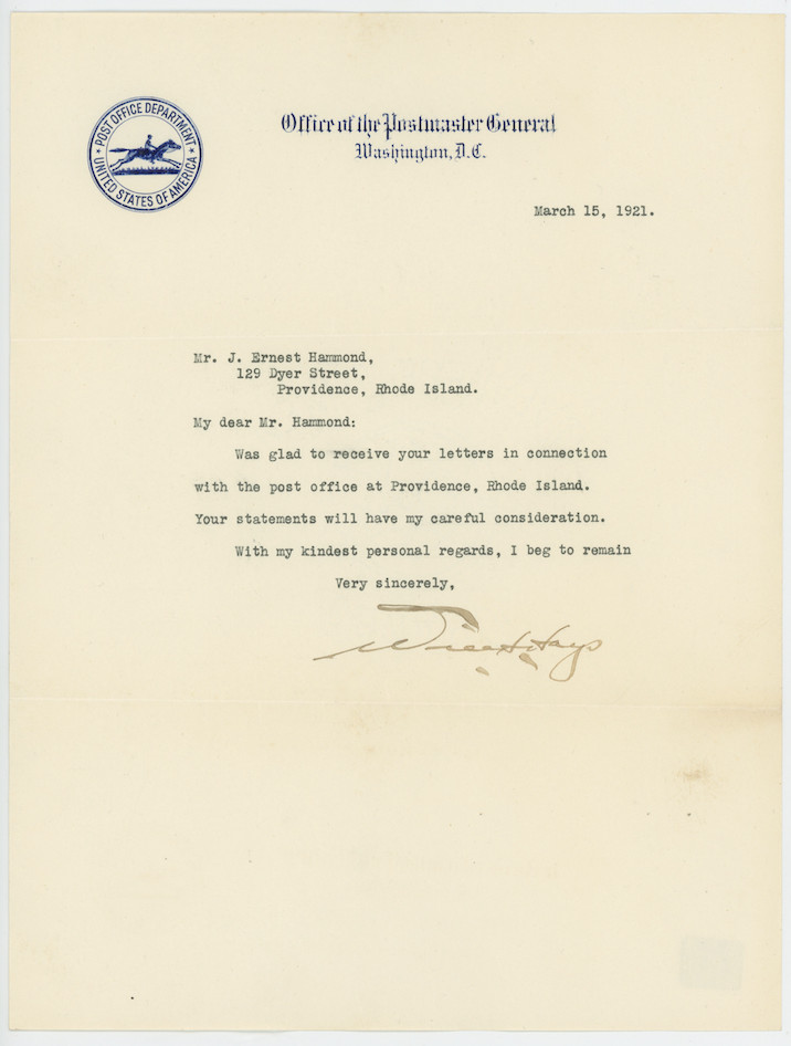 Will Hays Postmaster General Autographed Signed Letter AMCo COA 30790