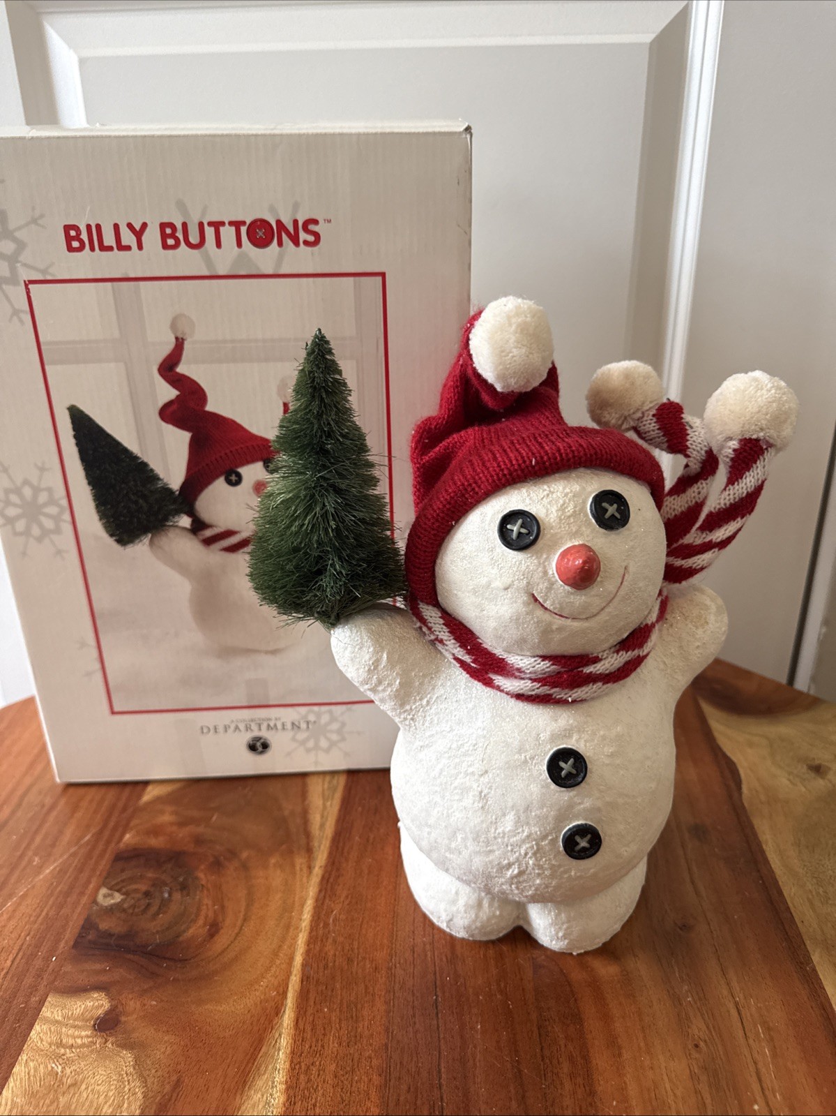 VTG Dept 56 BILLY BUTTONS Sparkle Snowman Holding Bottle Brush Christmas Tree VTG Dept 56 BILLY BUTTONS Sparkle Snowman Holding Bottle Brush Christmas Tree