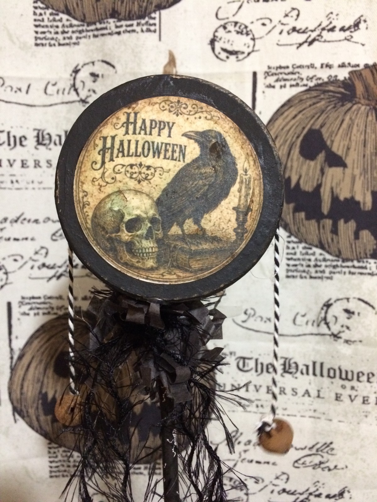 Handmade Vintage Style Halloween NOISEMAKER RATTLE - Skull, Raven & Moon