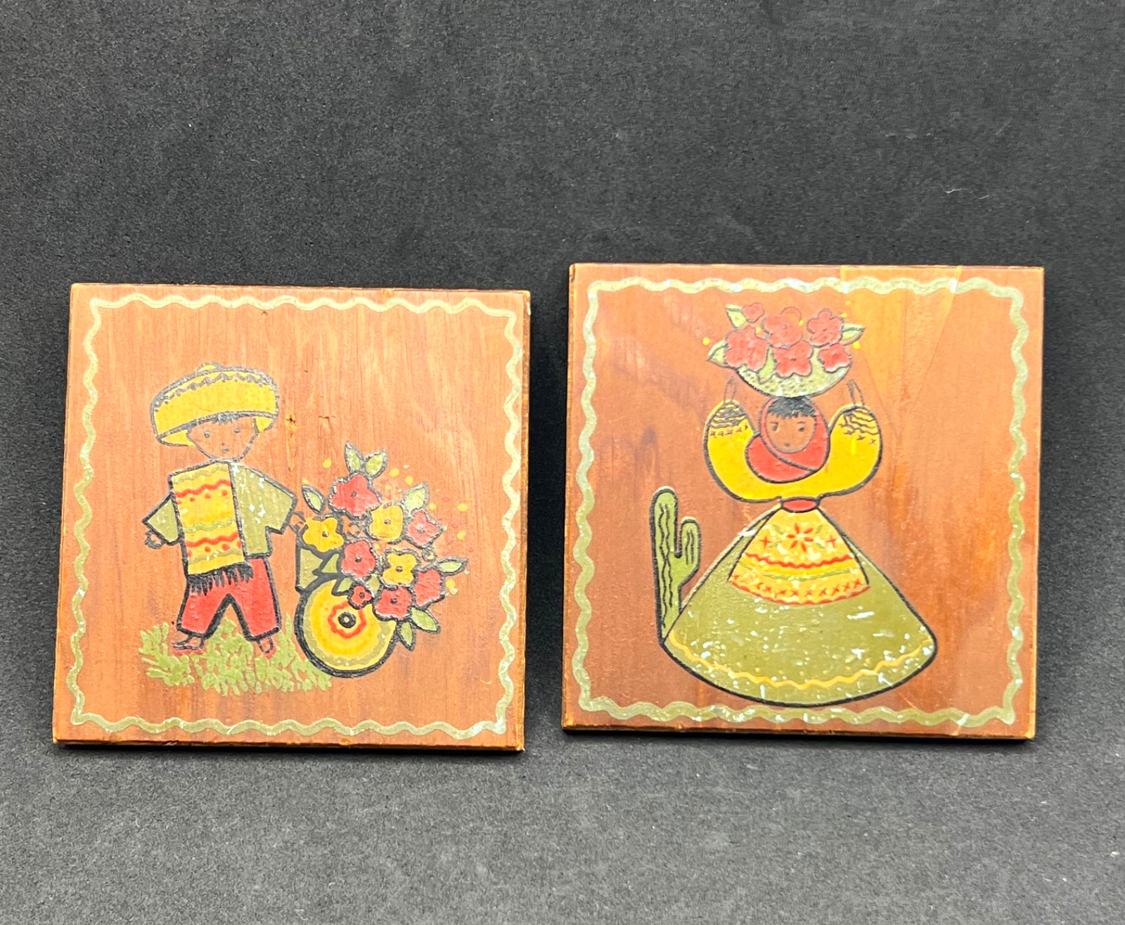 Vintage Mexican Folk Art Painted Wood Wall Plaques Set Mid Century Siesta Boy