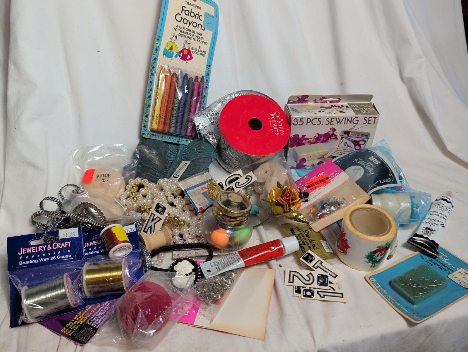Huge Vintage Craft Lot Fabric Crayons Sewing Set Beads Wire Ribbon Decals DIY Huge Vintage Craft Lot Fabric Crayons Sewing Set Beads Wire Ribbon Decals DIY