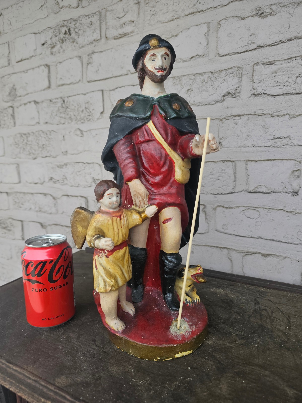 Antique 19thc chalkware flemish saint roch statue dog angel rare Antique 19thc chalkware flemish saint roch statue dog angel rare