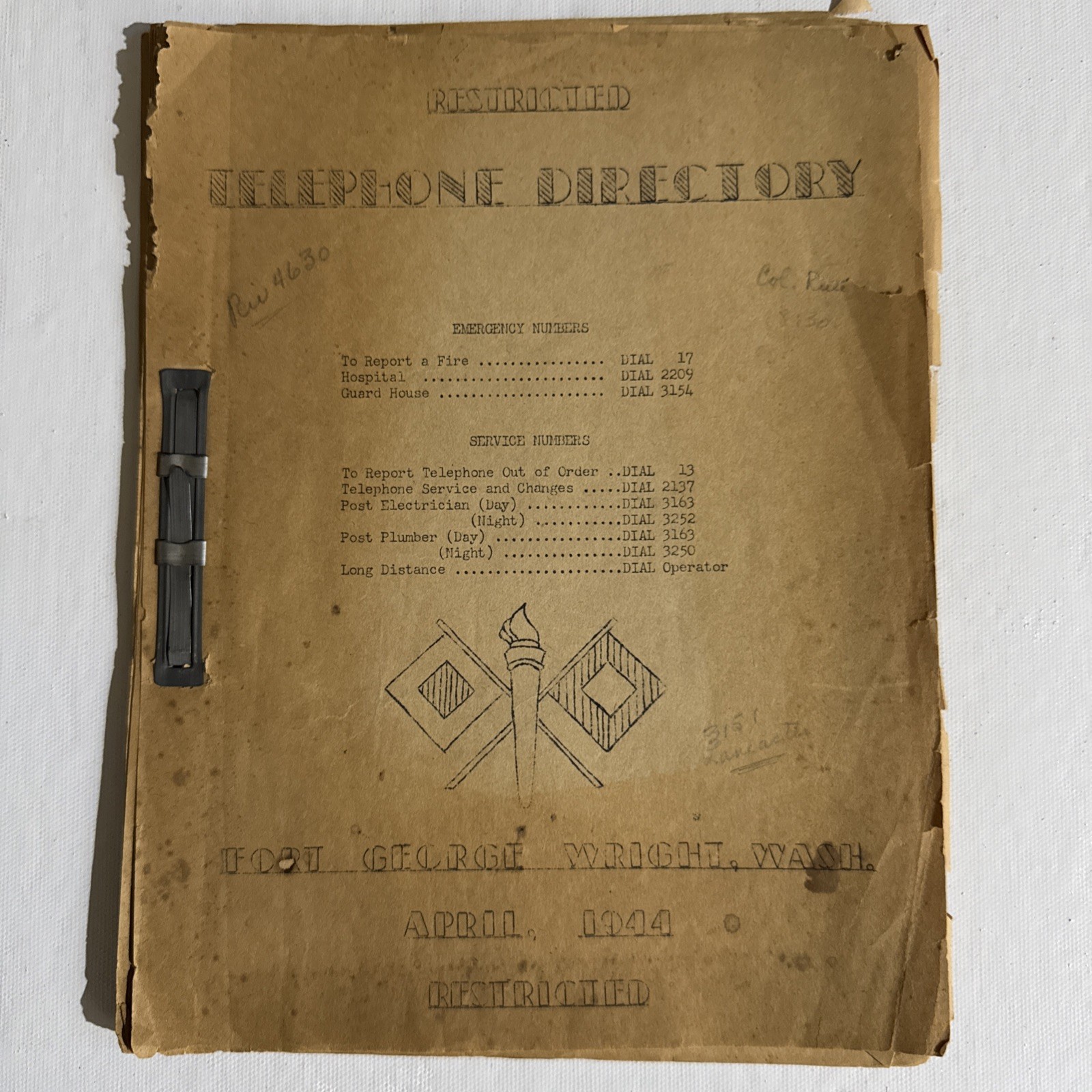 Rare Restricted Telephone Directory Fort George Wright, Wash 1944 Vintage Rare Restricted Telephone Directory Fort George Wright, Wash 1944 Vintage