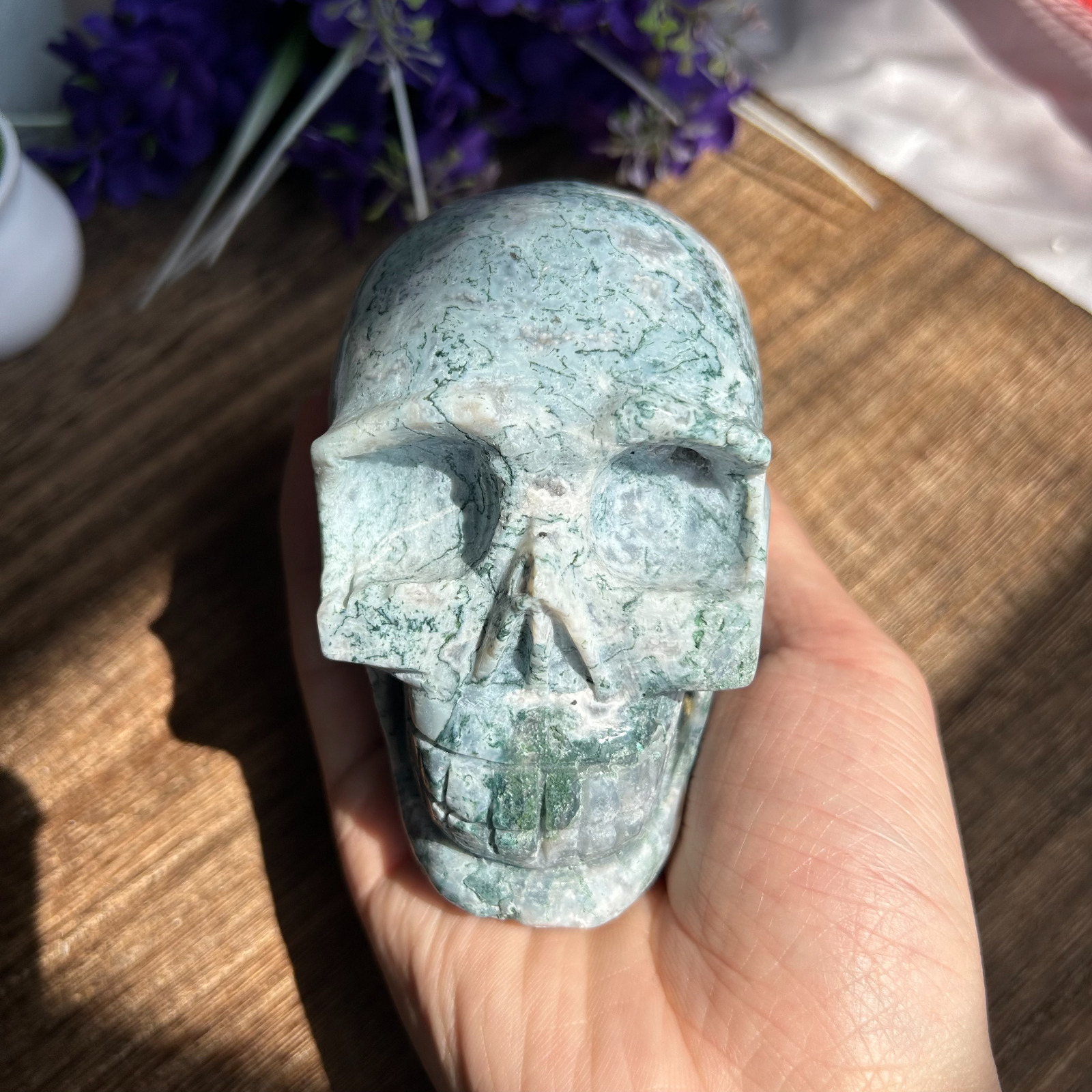 795g Natural Polished Moss Agate Quartz Crystal Stone HandCarved Skull Healing
