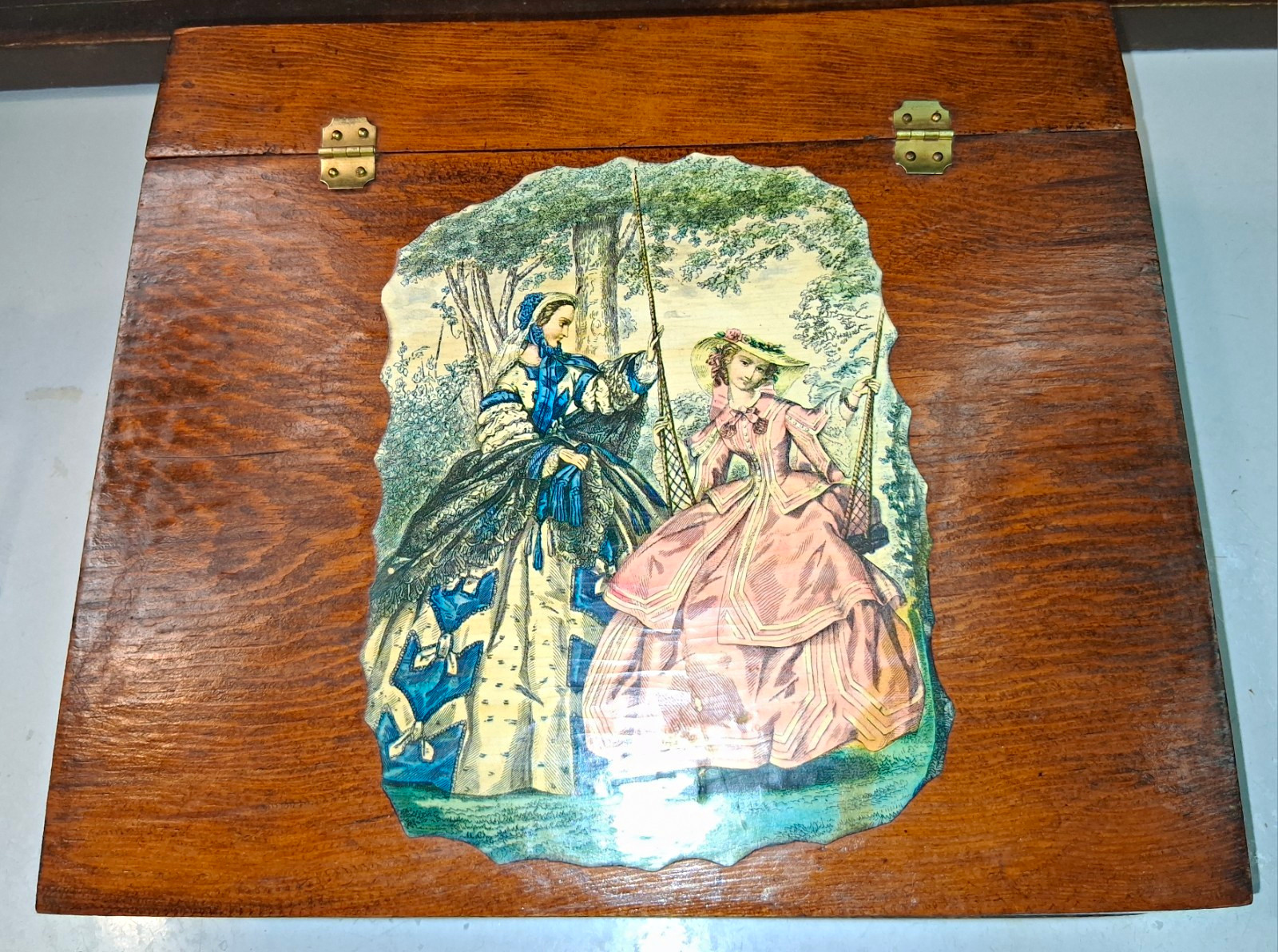 Wooden Rectangular Hinged Lidded Trinket Box, Stained Vintage Ladies Art Wooden Rectangular Hinged Lidded Trinket Box, Stained Vintage Ladies Art