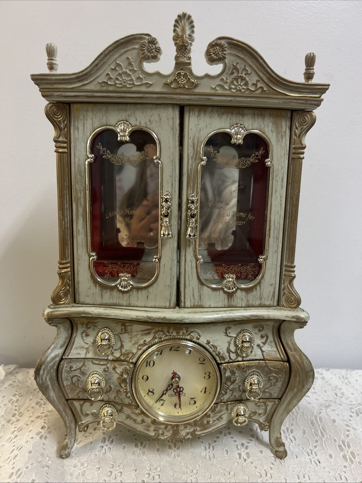 Vtg French Provincial Musical Ballerina Jewelry Box Clock 14x9 Red Velvet MCM