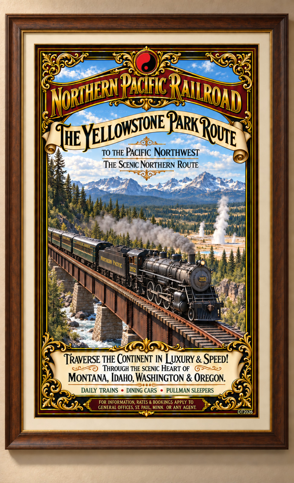 Northern Pacific Railroad Yellowstone Park Route Steam Train Vintage Poster 2152